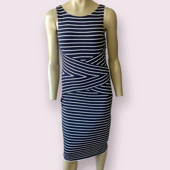 Philosophy Sleeveless Tank Shift Dress Stretchy Knit Size L Navy White Stripes - Picture 1 of 16